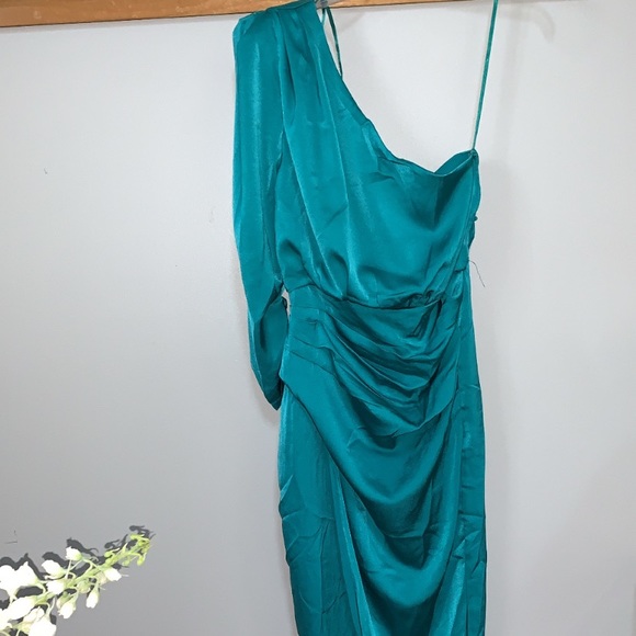 VICI Satin Teal One Shoulder MIDI Dress - Picture 9 of 13
